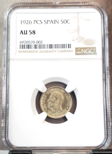 1926 SPAIN SILVER 50 CENTIMOS KING ALFONSO XIII NGC AU 58 GREAT LOOKING COIN