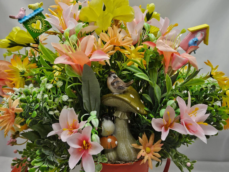 鸟类爱好者花卉装饰/彩色花朵/橙色浇水罐带鸟口音 — 第 4/4 张图片