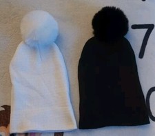 Pair Of Women's Winter Beanie Hats With Faux Fur Pom Pom Black White