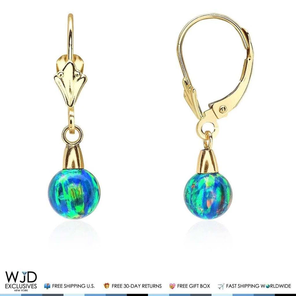 Pendientes colgantes de oro amarillo de 14K con forma de bola de ópalo de fuego verde azul de 6 mm Foto 2 de 4