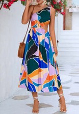 Multicolor Abstract Side Cut Out One Shoulder Summer Dress