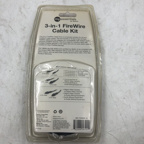My Essentials Belkin 3 in 1 FireWire Cable Kit 10ft 3m in NOS SEALED - Picture 2 of 2