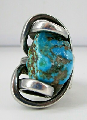 Sterling Ring Fork Curled Wrapped Pilot Mountain Raw Turquoise Size 7 Handmade 