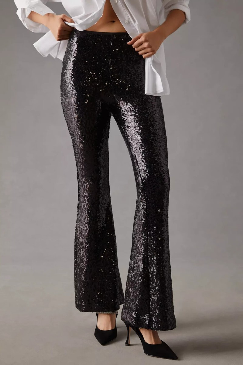 NWT by Anthropologie Joni in Black High Rise Stretch Sequin Flare  display picture 1