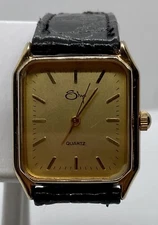VTG SHYE Ladies Watch New Battery Beautiful Gold Rectangular Case Black Leather