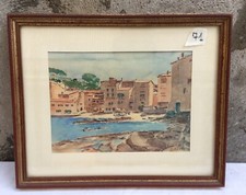 DIPINTO ACQUERELLO MARE BARCHE FIRMATO R.GILLES 1953 QUADRO CORNICE IN LEGNO