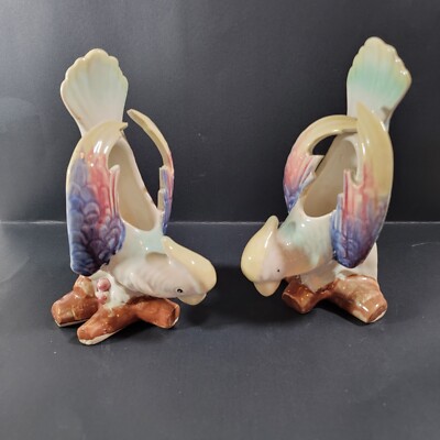 Colorful Vintage Parrott  Wall Pocket Planter Pair Bird Macau 