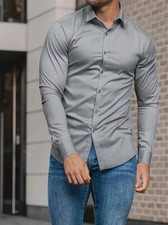 Gray Premium Mens Solid Fit Dress Shirt Comfortable Stretch Slim Long Sleeve