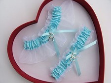 NEW Gorgeous Double Heart Aqua Blue White Wedding Garter Prom GetTheGoodStuff A 
