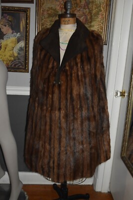 long brown stripe mink fur cape cloak coat leather collar slits