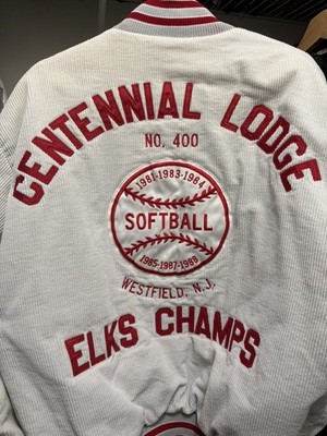 Vintage DeLong Corduroy Jacket Mens Large White and Red Bomber Softball NJ 