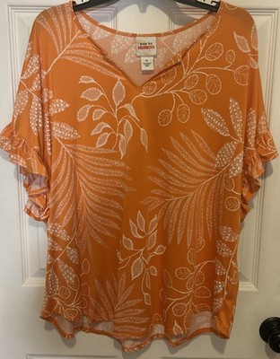 Ruby Rd. Favorites Women s XL Orange/White Boho Shortslv Leaf Print Top So Soft