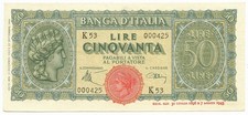 50 LIRE ITALY TURRITA HEAD 10/12/1944 BB/UNC