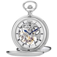 Gotham Men's Silver-Tone Double Cover Exhibition Mechanical Pocket Watch
