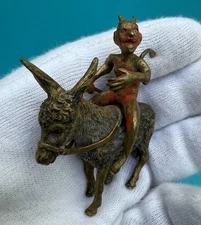Early Antique Cold Painted Austrian Vienna Bronze Laughing Devil On Donkey Back