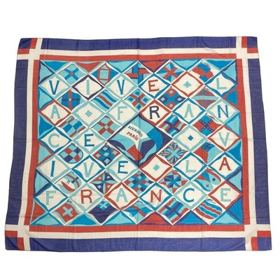 Hermes große blaue Baumwollstola VIVE LA FRANCE 67 x 57 in mit Box