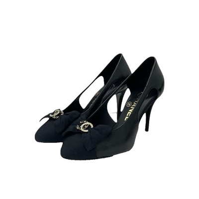 CHANEL Coco Mark Pumps Black Leather Fabric Rhinestone Sz US5 EU35 w/Accessories