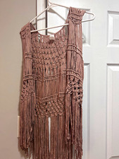 Women  s Tan Crochet Fringe Vest Boho Lightweight