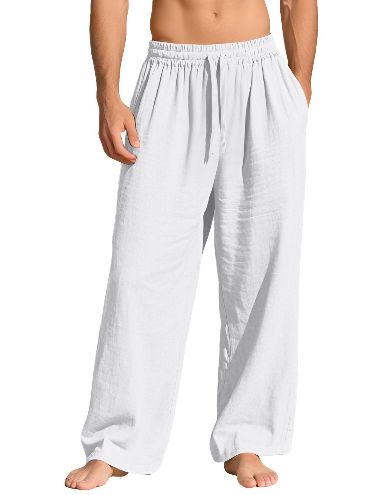 Mens Linen Rich Casual Trousers Loose Fit Summer Beach Cotton Pants Smart Work