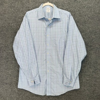 Brooks Brothers Regent Shirt Men 16.5 Blue Check NonIron Long Sleeve Button Down