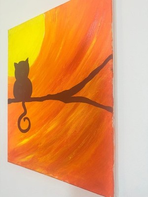 Original Handmade Acrylic Painting Cat Silhouette on Tree Branch at Sunset Canva