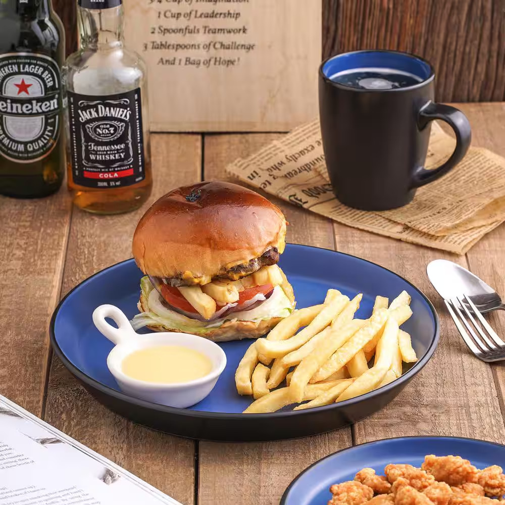 Stoneware, Service For 8, Blue And Blac