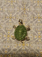 Vintage Gold Tone Enamel Red Rhinestone Eyes Green Shell Turtle Brooch Pin