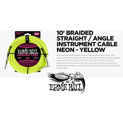 Ernie Ball 6080 10' Braided Instrument Cable Straight/ Angle Neon Yellow - Picture 2 of 9