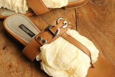 Dolce & Gabbana Tan Leather D&G Silver Bit Sliders Flip Flops Shoes Ladies UK 7