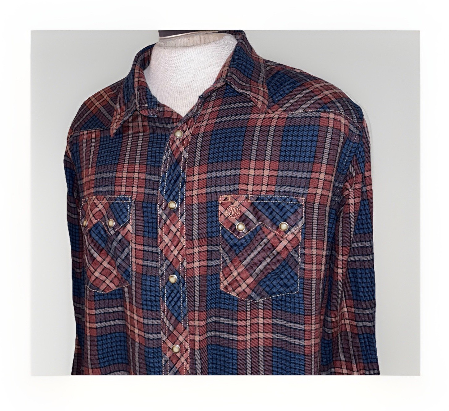 Wrangler Long Sleeve Plaid Flannel Men's XL Navy Rust Pearl Snap American Cowboy