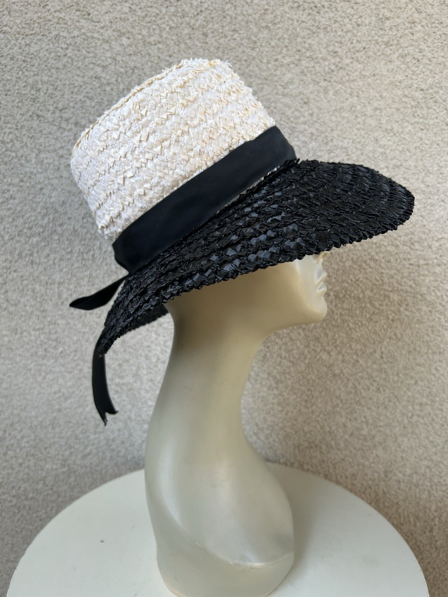 Vintage 70s boater brim black cream straw cello hat  ribbon 21” John Hogan xs3x main image 3