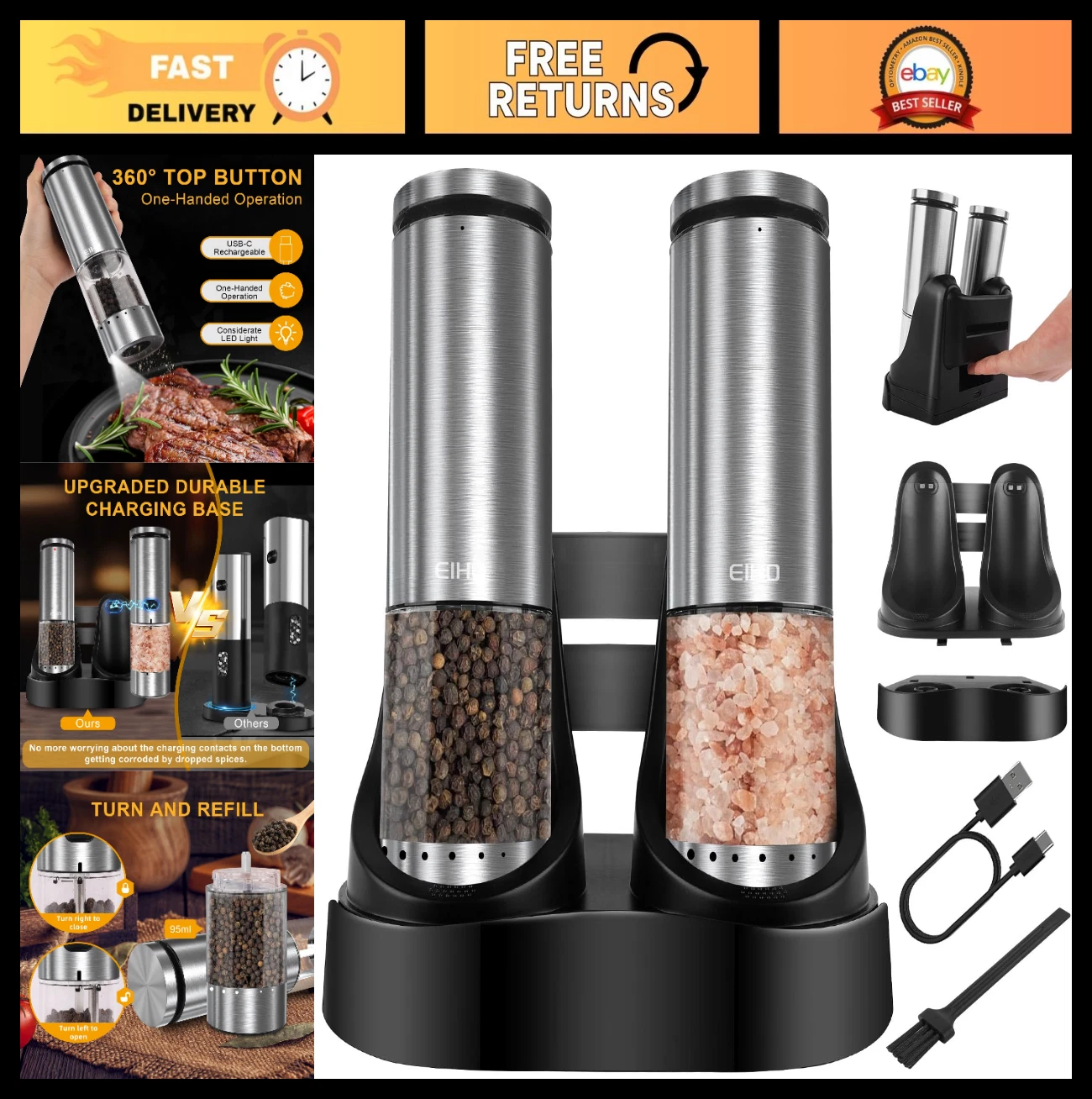 USB Rechargeable Electric Salt & Pepper Grinder Set - Adjustable Coarseness, LED