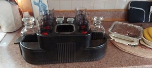 Art Deco Bar Caddy 3 Shot Glass Set 6 Indy 500 Motor Speedway W/Decanter bottles