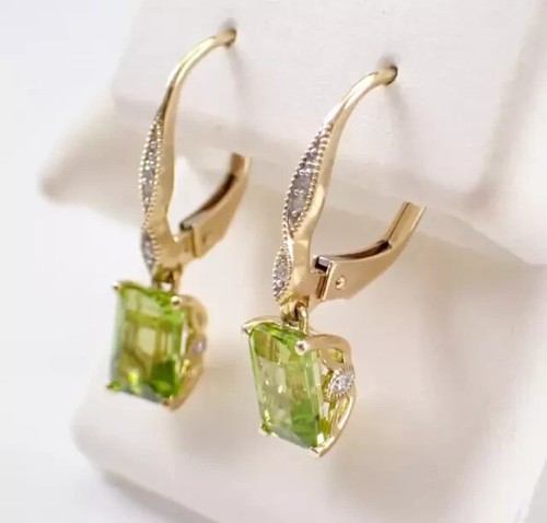 Lab-Created 3Ct Emerald Cut Peridot Drop Dangle Earring 14k Yellow Gold Plated - Picture 3 of 9