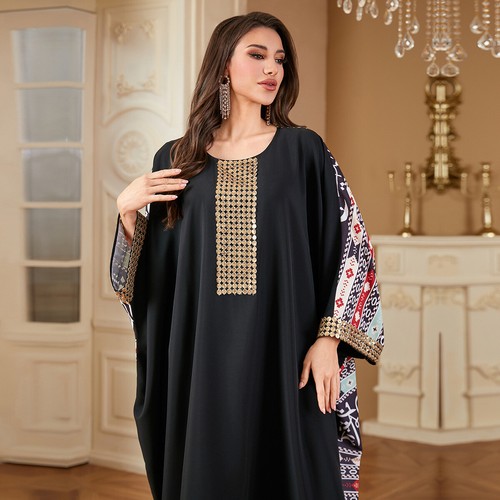 Maxi Vestido Largo Musulmán Mujeres Bata Manga Ala de Murciélago Estampado Marroquí Noche Fiesta - Imagen 4 de 11