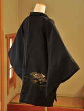 Vintage Japanese Kimono Haori Jacket Silk Black Folding-fan Pattern
