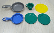 Fisher Price Fun with Food vintage dishes green yellow apple plates pans silver