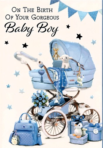 Glückwunschkarte Zur Geburt Für Sohn & Schwiegertochter – Mit Blauem Kinderwagen-Motiv