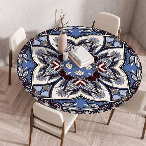 Elastic Edged Tablecloth Mandala Flower Table Cover Round Fitted Vinyl Cloth Art - Picture 7 of 20