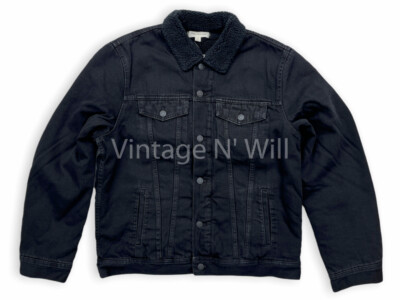 Madewell Mens L Black Wash Sherpa Denim Jean Trucker Quilted Sleeve Jacket 