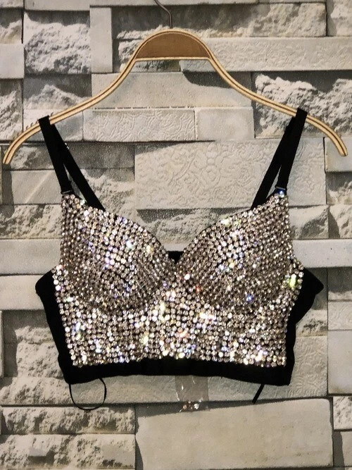 Rhinestone Bead Bustier Corset Pearls Diamond Night Club Bralette Bra  Cropped