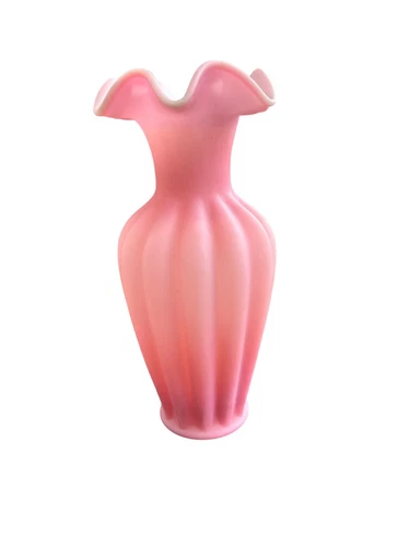 Fenton Glass Vase Pink  Spiral Satin Paneled Ruffle Rim  10”
