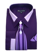 Men's Unique design French Cuff Dress Shirt Accent Collar With  Tie & Hanky #34