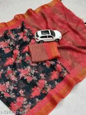 New Linen Cotton Sari With Unstitched Blouse Piece Party Wedding Wear For Women