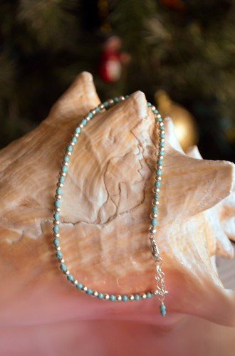 3mm Turquoise and 3mm Sterling Silver Bead Ankle Bracelet 7 to 9 Inches - Picture 2 of 12