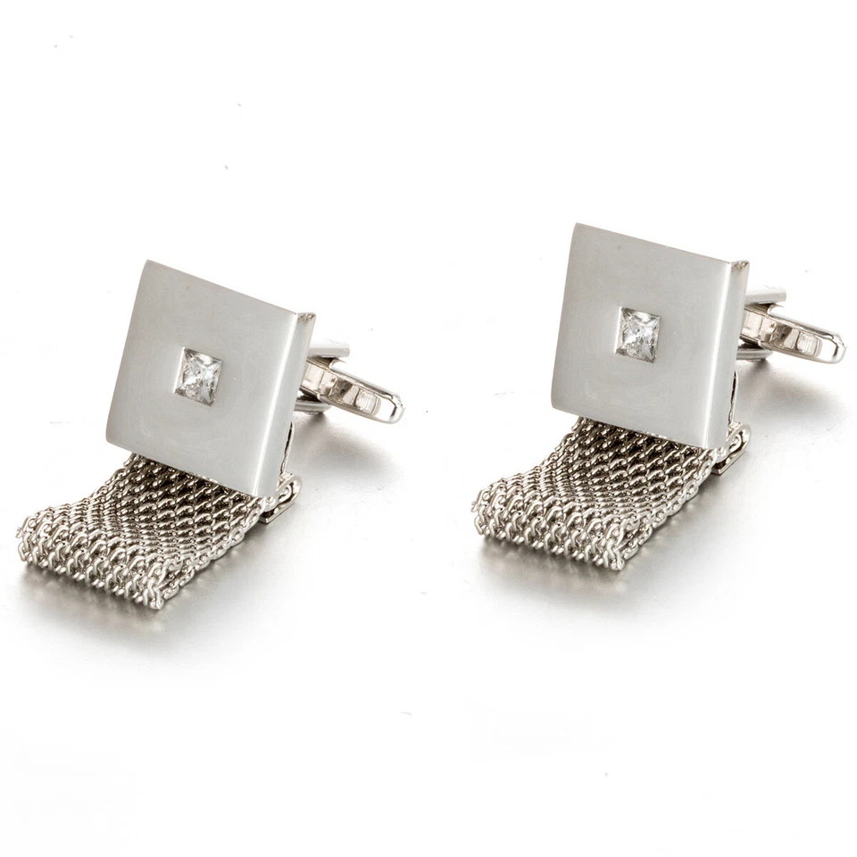Gemelos cuadrados de plata para boda piedra gemelos cadena gemelos alrededor de malla par Foto 2 de 4