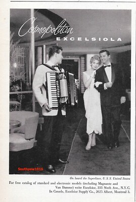 1958 Original Excelsiola Accordions ''Cosmopolitan''  Vintage Print Advertisement