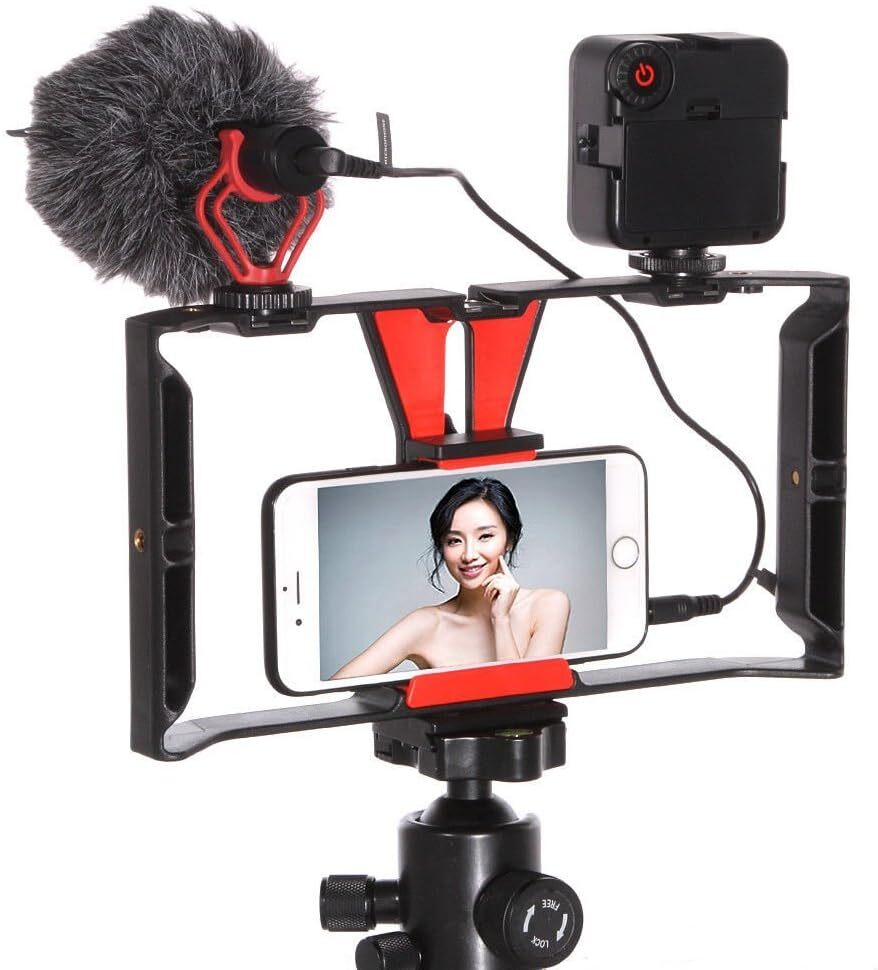 Smartphone Video Rig Cage Mount Stabilizer Handle Grip with BOYA Mic-image
