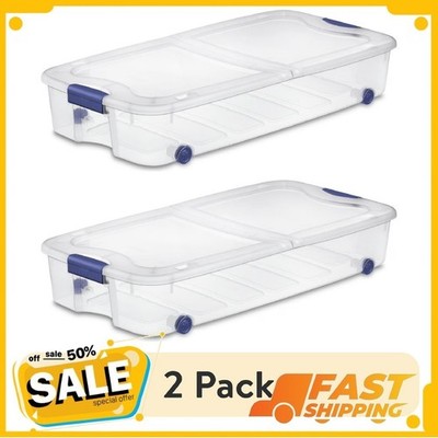 (2 pack) Sterilite Large Storage Bin, 66Qt Clear Underbed Storage Container,Blue