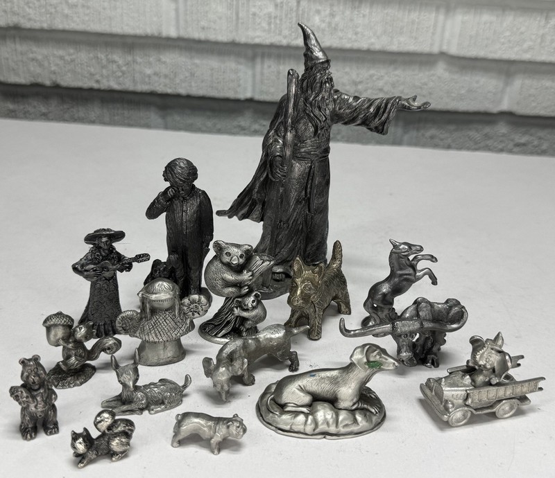 16 VTG Pewter Figurine Mixed Lot Wizard Dog Horse Koala Angel Squirrel Ox Bear 